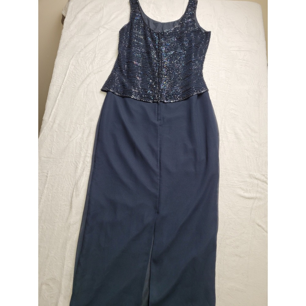 J Kara Maxi Dress Women 6 Navy Blue Beaded Sequin Formal Evening Gown